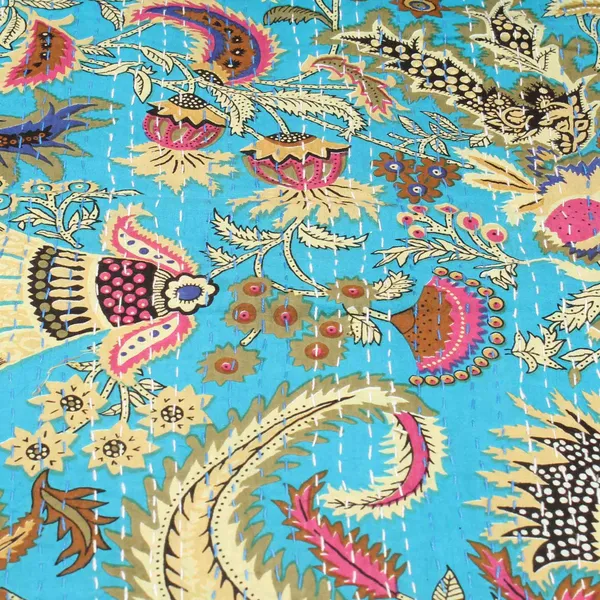 Turquoise_Comfortable_Handcrafted_Cotton_Kantha_Quilt