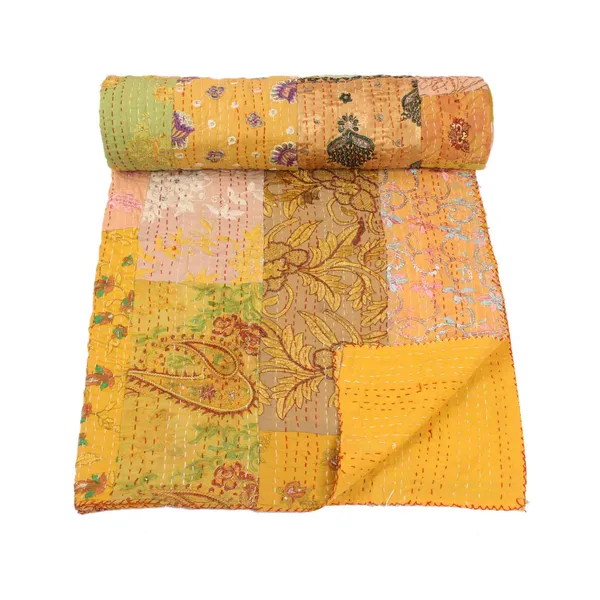 Yellow_Handcrafted_Semi_Silk_Khambadiya_Kantha_Quilt