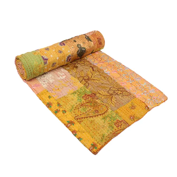 Yellow_Handcrafted_Semi_Silk_Khambadiya_Kantha_Quilt