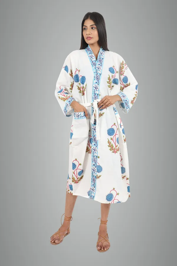 White_&_Blue_Handblock_Print_Cotton_Kimono/_Bathrobe_For_Women_&_Girls