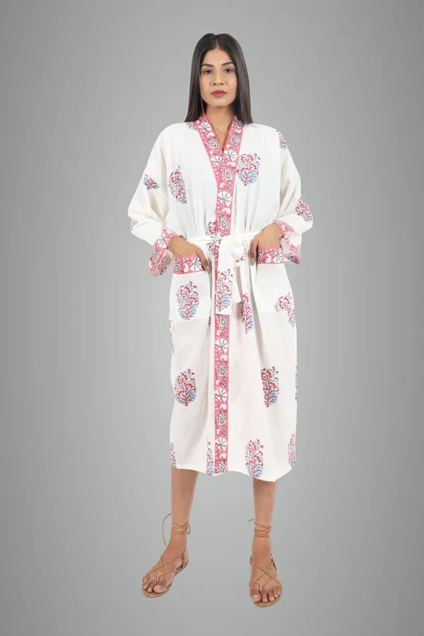White_&_Pink_Handblock_Print_Cotton_Kimono/_Bathrobe_For_Women_&_Girls
