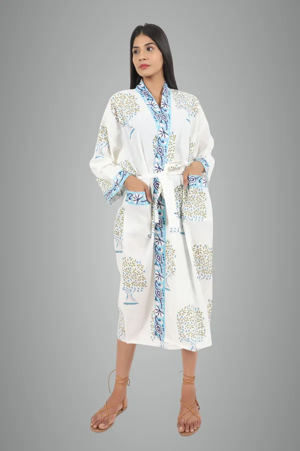 White_&_Blue_Handblock_Print_Cotton_Kimono/_Bathrobe_For_Women_&_Girls