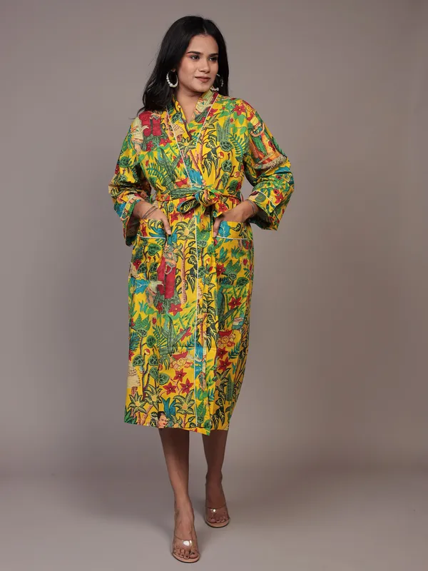 Yellow_Printed_Cotton_Kimono/_Bathrobe_For_Women_&_Girls
