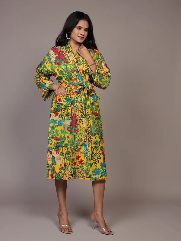 Yellow_Printed_Cotton_Kimono/_Bathrobe_For_Women_&_Girls