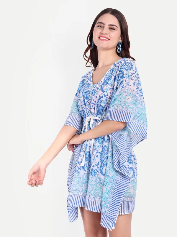 Blue_Handblock_Print_Cotton_Short_Kaftan_For_Women_&_Girls