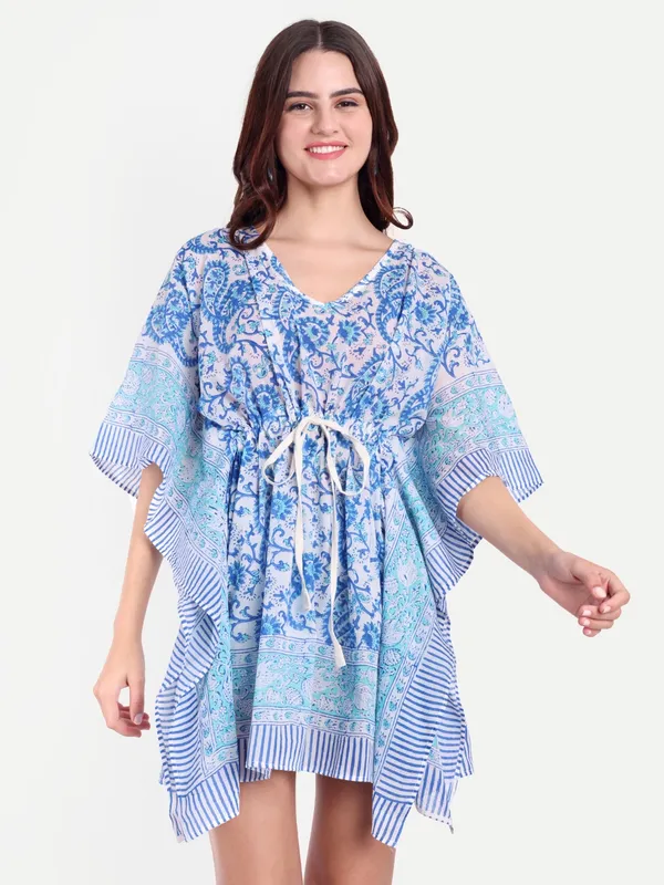 Blue_Handblock_Print_Cotton_Short_Kaftan_For_Women_&_Girls