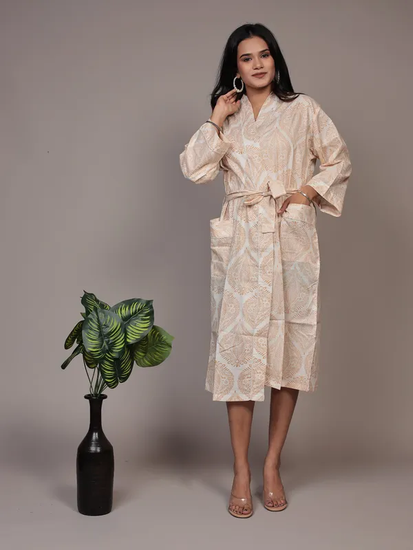 White_&_Brown_Printed_Cotton_Kimono/_Bathrobe_For_Women_&_Girls
