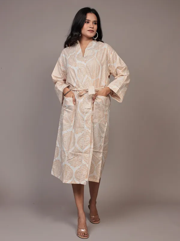 White_&_Brown_Printed_Cotton_Kimono/_Bathrobe_For_Women_&_Girls