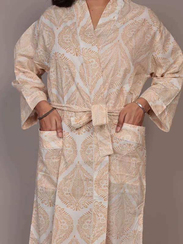White_&_Brown_Printed_Cotton_Kimono/_Bathrobe_For_Women_&_Girls