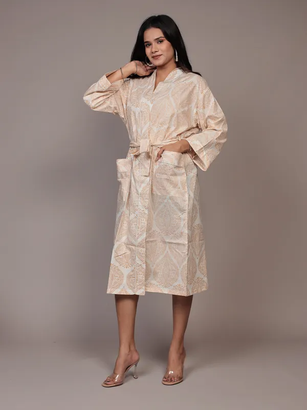 White_&_Brown_Printed_Cotton_Kimono/_Bathrobe_For_Women_&_Girls