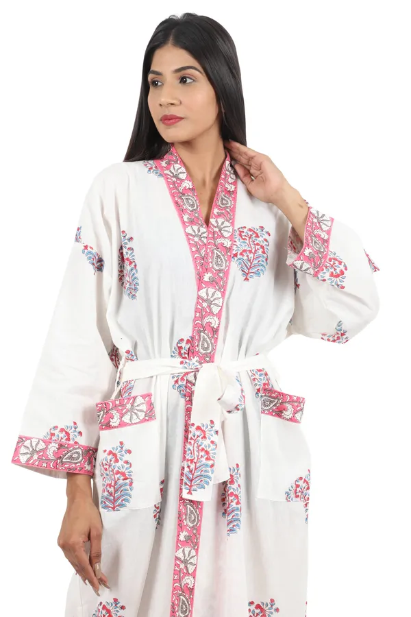 White_&_Pink_Handblock_Print_Cotton_Kimono/_Bathrobe_For_Women_&_Girls