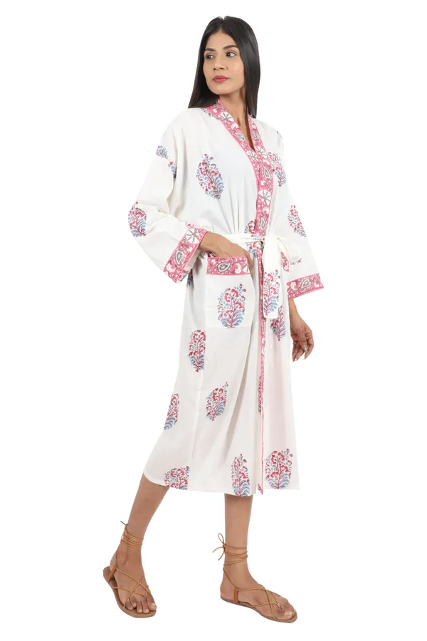 White_&_Pink_Handblock_Print_Cotton_Kimono/_Bathrobe_For_Women_&_Girls