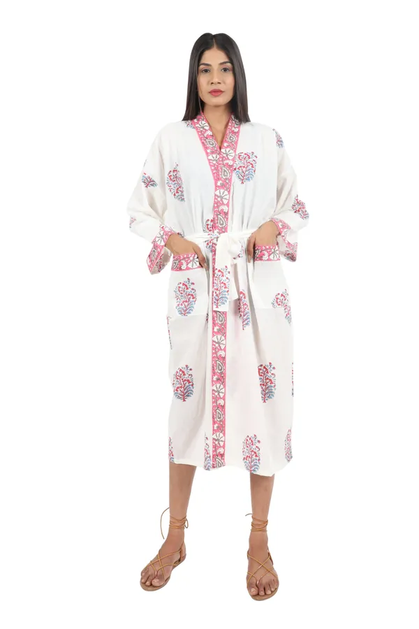 White_&_Pink_Handblock_Print_Cotton_Kimono/_Bathrobe_For_Women_&_Girls