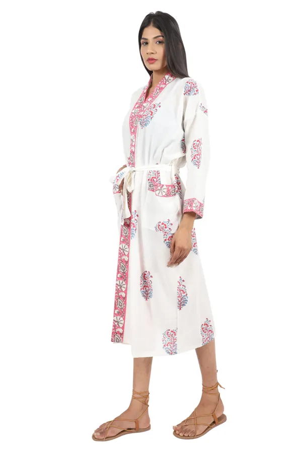 White_&_Pink_Handblock_Print_Cotton_Kimono/_Bathrobe_For_Women_&_Girls