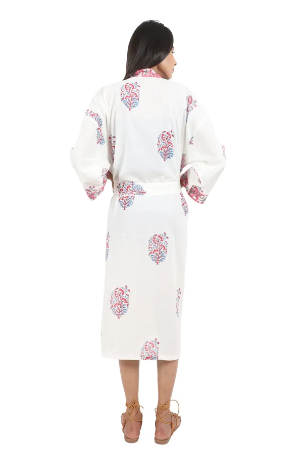 White_&_Pink_Handblock_Print_Cotton_Kimono/_Bathrobe_For_Women_&_Girls