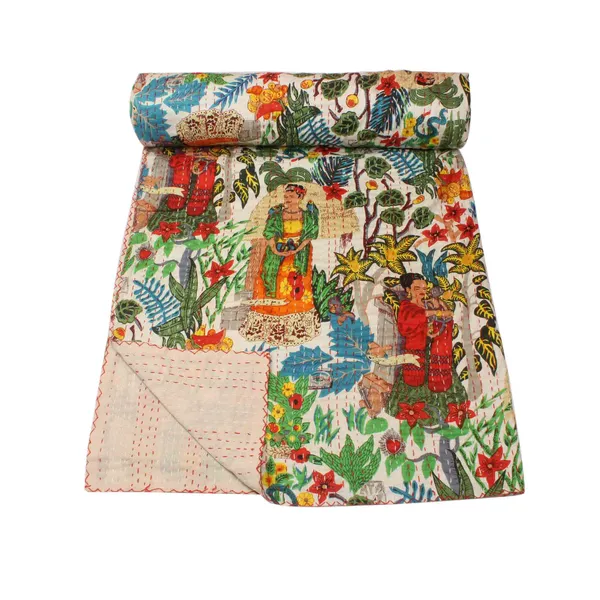 White_Comfortable_Handcrafted_Cotton_Kantha_Quilt