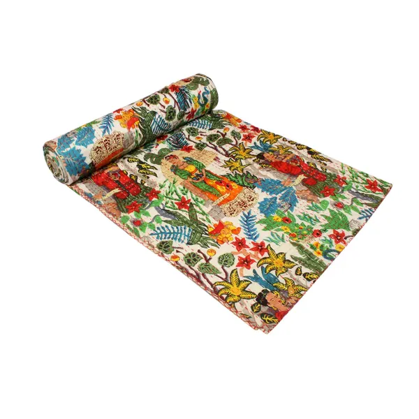 White_Comfortable_Handcrafted_Cotton_Kantha_Quilt