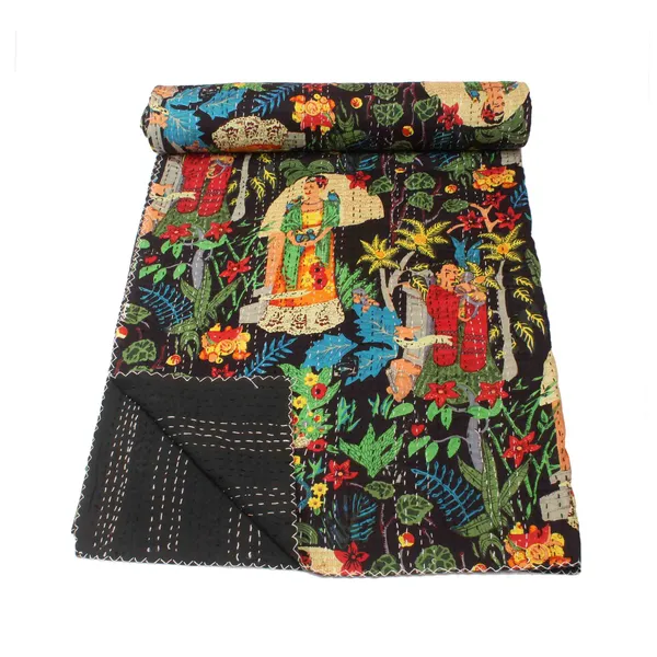Black_Comfortable_Handcrafted_Cotton_Kantha_Quilt