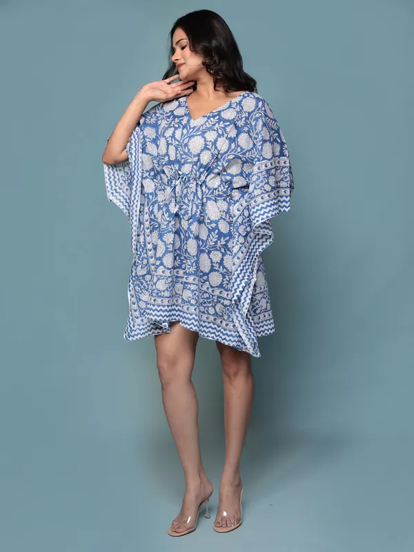 Blue_Handblock_Print_Cotton_Short_Kaftan_For_Women_&_Girls