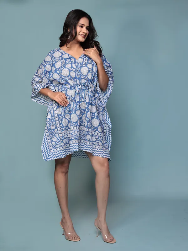 Blue_Handblock_Print_Cotton_Short_Kaftan_For_Women_&_Girls