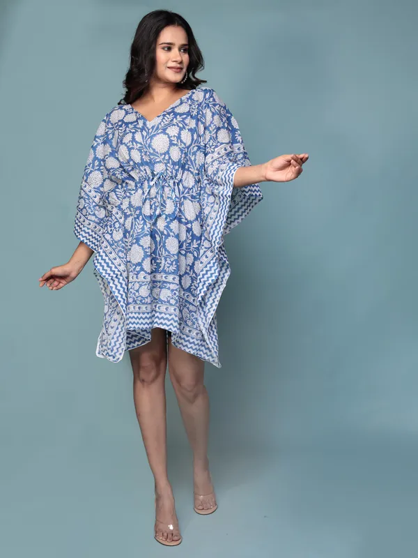 Blue_Handblock_Print_Cotton_Short_Kaftan_For_Women_&_Girls