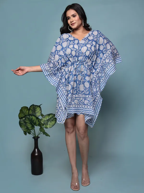 Blue_Handblock_Print_Cotton_Short_Kaftan_For_Women_&_Girls