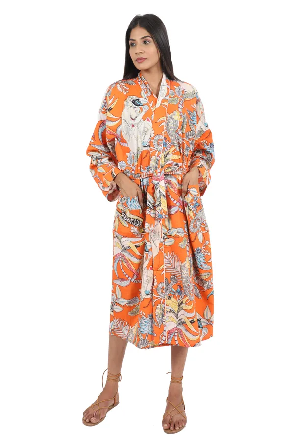 Orange_Monkey_Printed_Cotton_Kimono/_Bathrobe_For_Women_&_Girls