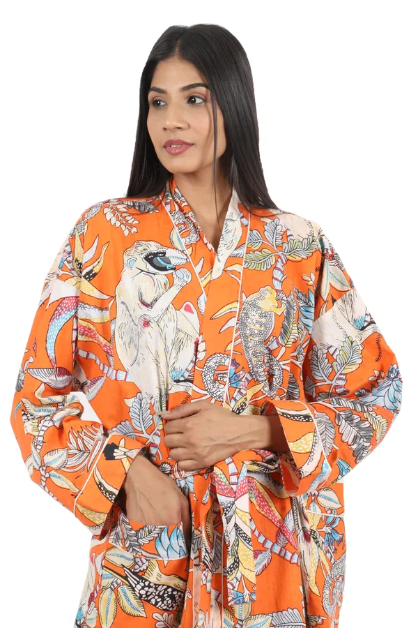 Orange_Monkey_Printed_Cotton_Kimono/_Bathrobe_For_Women_&_Girls