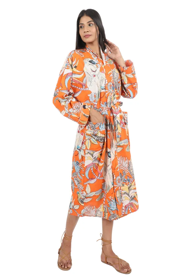 Orange_Monkey_Printed_Cotton_Kimono/_Bathrobe_For_Women_&_Girls