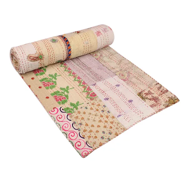 Beige_Handcrafted_Semi_Silk_Khambadiya_Kantha_Quilt