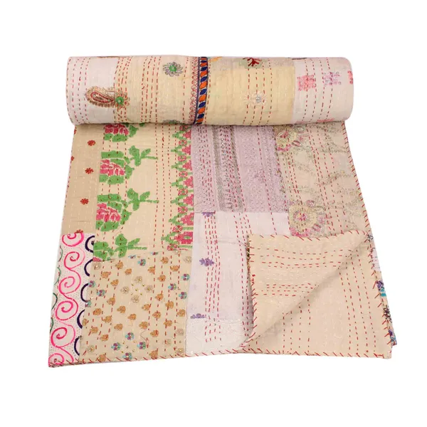 Beige_Handcrafted_Semi_Silk_Khambadiya_Kantha_Quilt