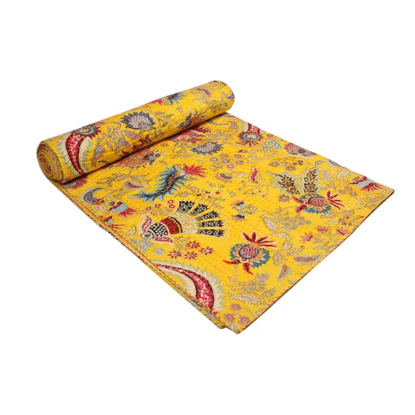 Yellow_Comfortable_Handcrafted_Cotton_Kantha_Quilt