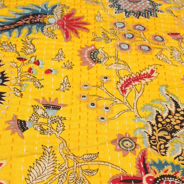 Yellow_Comfortable_Handcrafted_Cotton_Kantha_Quilt