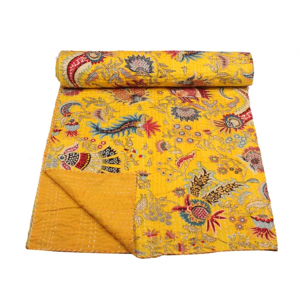 Yellow_Comfortable_Handcrafted_Cotton_Kantha_Quilt