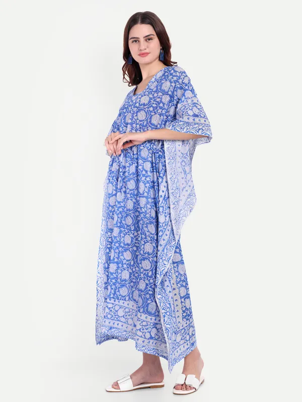 Blue_Handblock_Print_Cotton_Long_Kaftan_For_Women_&_Girls