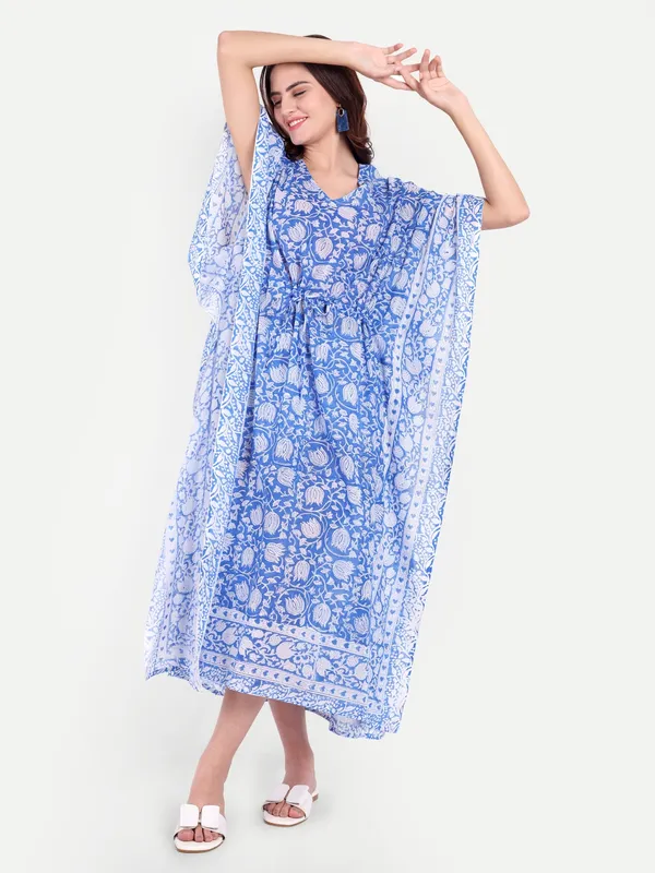 Blue_Handblock_Print_Cotton_Long_Kaftan_For_Women_&_Girls