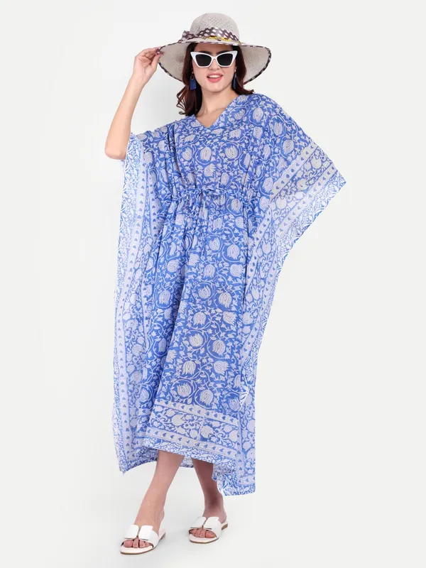Blue_Handblock_Print_Cotton_Long_Kaftan_For_Women_&_Girls
