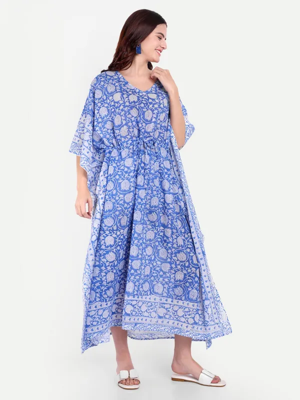 Blue_Handblock_Print_Cotton_Long_Kaftan_For_Women_&_Girls