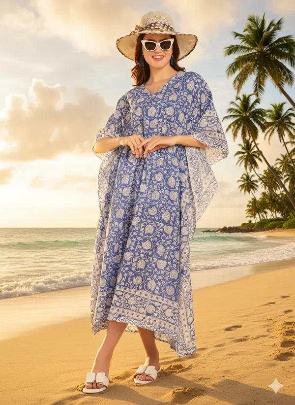 Blue_Handblock_Print_Cotton_Long_Kaftan_For_Women_&_Girls
