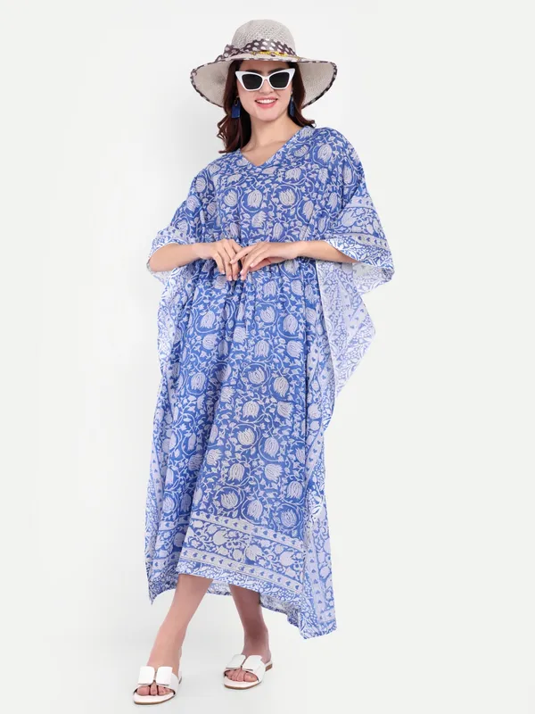 Blue_Handblock_Print_Cotton_Long_Kaftan_For_Women_&_Girls