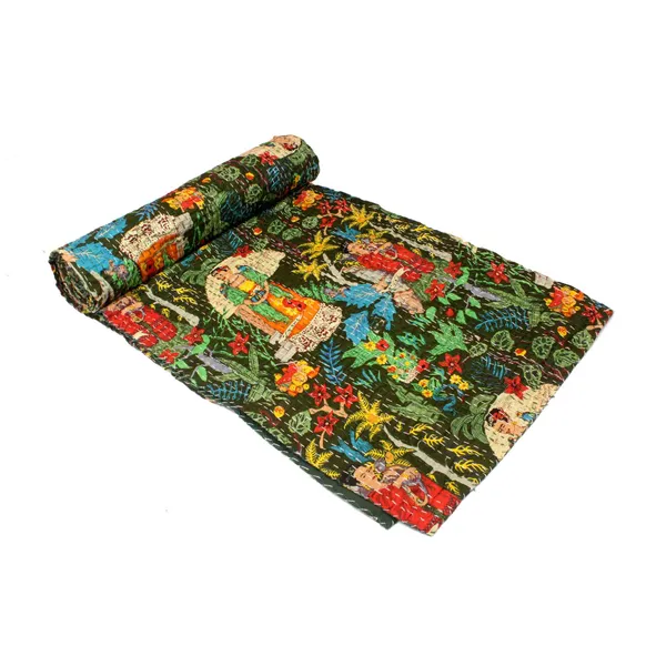 Green_Comfortable_Handcrafted_Cotton_Kantha_Quilt