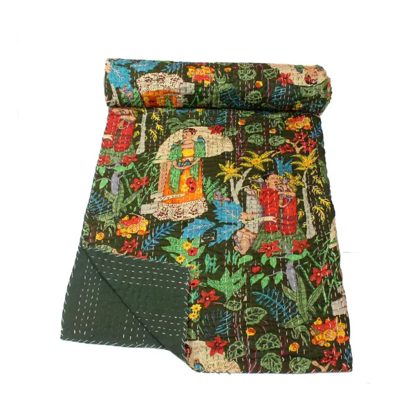 Green_Comfortable_Handcrafted_Cotton_Kantha_Quilt