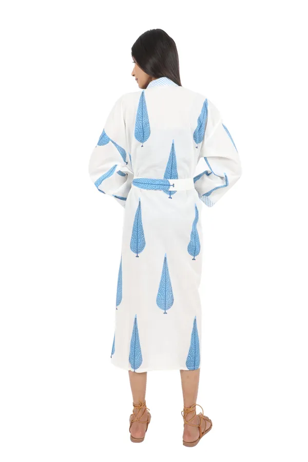 White_Handblock_Print_Cotton_Kimono/_Bathrobe_For_Women_&_Girls