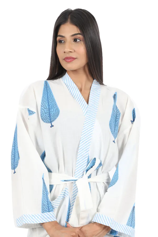 White_Handblock_Print_Cotton_Kimono/_Bathrobe_For_Women_&_Girls