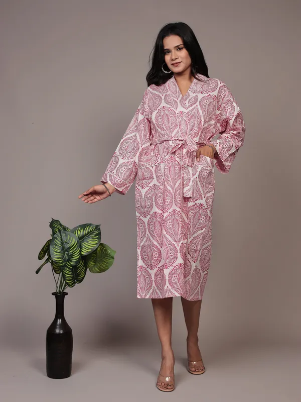 White_&_Pink_Printed_Cotton_Kimono/_Bathrobe_For_Women_&_Girls
