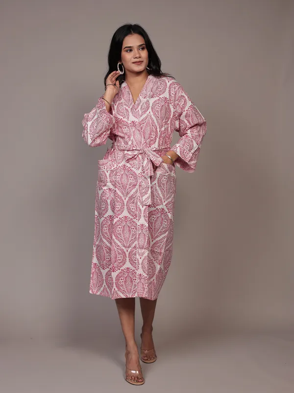 White_&_Pink_Printed_Cotton_Kimono/_Bathrobe_For_Women_&_Girls