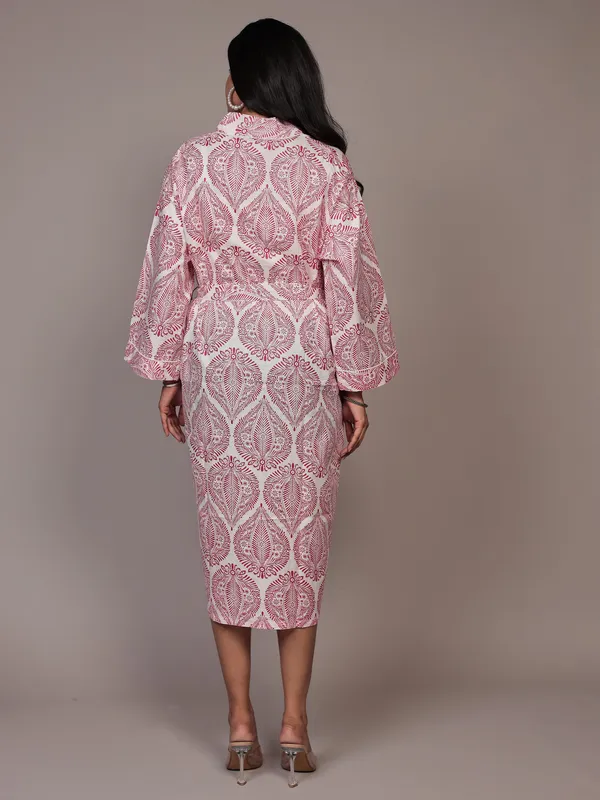 White_&_Pink_Printed_Cotton_Kimono/_Bathrobe_For_Women_&_Girls