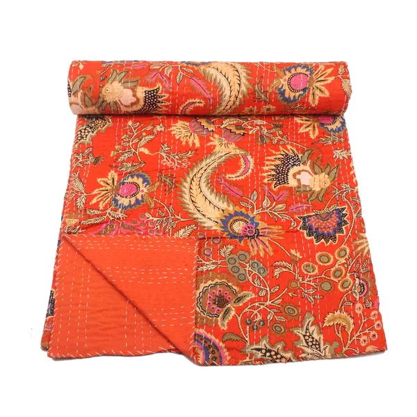 Orange_Comfortable_Handcrafted_Cotton_Kantha_Quilt