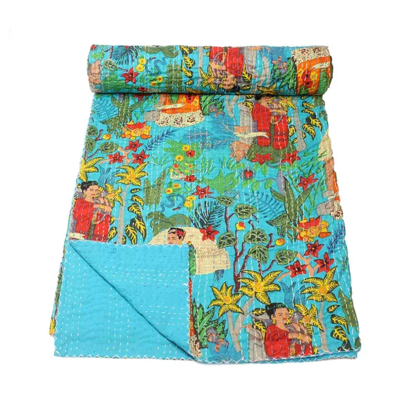 Turquoise_Comfortable_Handcrafted_Cotton_Kantha_Quilt