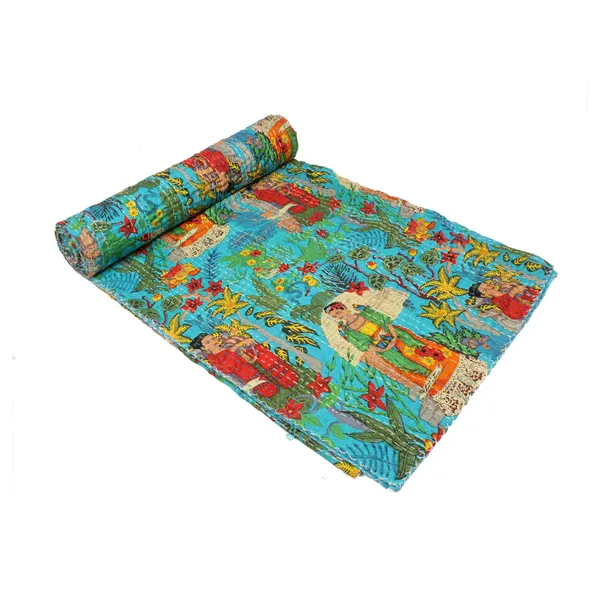 Turquoise_Comfortable_Handcrafted_Cotton_Kantha_Quilt
